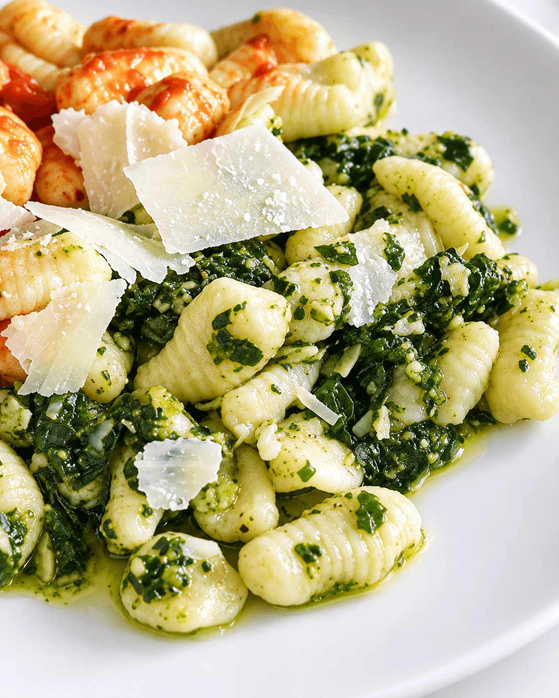 Pasta with pesto, shrimp and shaved cheese