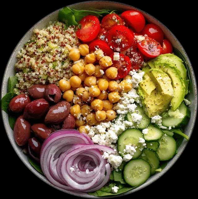 A quinoa bowl with chickpeas, avocado, cherry tomato, cucumber, olives, red onion and feta