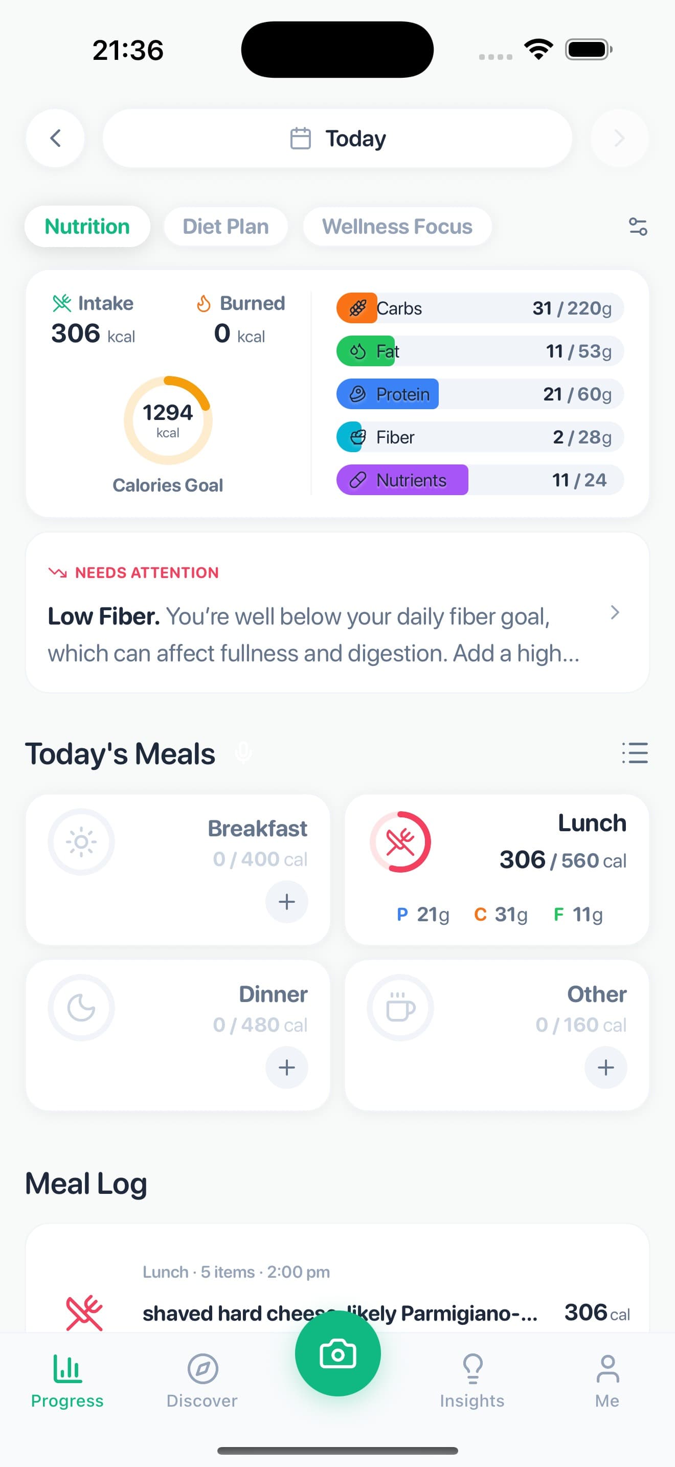 Qubis Home: calorie ring, macro bars, insight card and today's meals