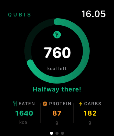 Qubis on Apple Watch: 760 kcal left, halfway there, 1,640 kcal eaten, 87 g protein, 182 g carbs