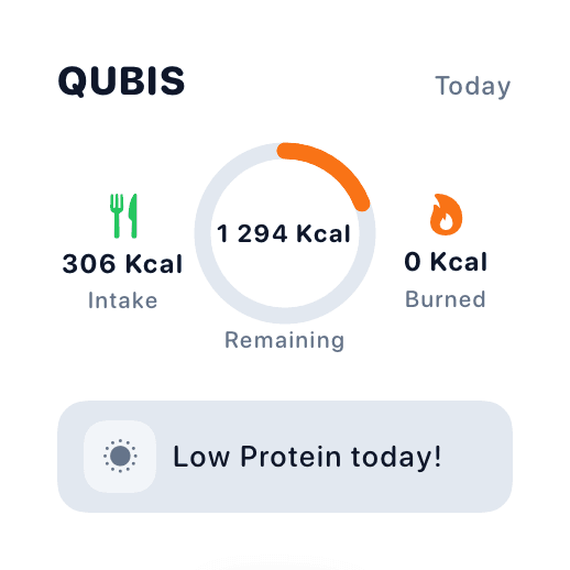 Qubis home screen widget: 306 kcal in, 1,294 remaining, 0 burned, and a low-protein alert