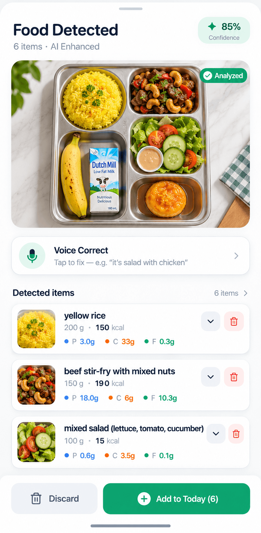 Qubis AI food scan: six items detected from one photo, with per-item calories and macros