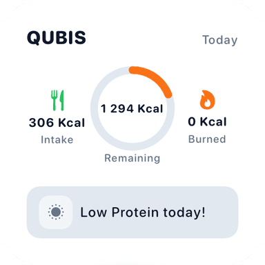 Qubis widget: 1,294 kcal remaining, low-protein alert